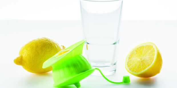 Zitronenpresse in grün mit zwei Zitronen und einem Wasserglas.